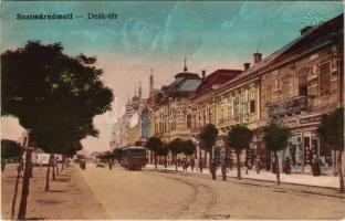 1915 Szatmárnémeti, Szatmár, Satu Mare; Deák tér, villamos, üzletek. Vasúti levelezőlapárusítás 2133. / square, tram, shops + &quot;K.u.K. Spitalszug No. 3.&quot; (EK)