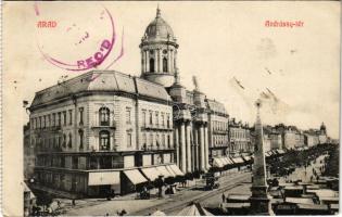 1914 Arad, Andrássy tér, autóbusz, Deutsch Tetsvérek Központi Divatáruháza, piac / square, autobus, fashion store, market (fl)