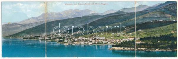 1909 Abbazia, Opatija; Panorama von Volosca-Abbazia mit Monte Maggiore (Vela Ucka) / 3-tiled folding panoramacard (hajtásnál szakadt / torn at fold)