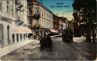 1915 Zagreb, Zágráb; Ulica Marije Valerije / street view, tram, shops (EB)