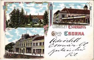 1898 (Vorläufer) Csorna, Sugár lak, villa, Premontrei rendház, Gantz József, Berg Miksa, Gesteiner Jak. özv. és fiai üzlete, Takarékpénztár. Martincsevics Károly kiadása. Art Nouveau, floral, litho (EK)