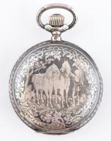 Ezüst (Ag) niellós tokos zsebóra, W&D jelzett, üveg nélkül, egy mutató törött, müködik, kopással...