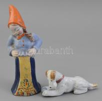 H. Ráhmer Mária (1911-1998): Kendős lány és kutya figurák, festett mázas kerámia, a lány jelzett, minimális kopásnyomokkal m: 19 cm