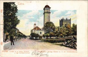 1907 Poprád (Magas-Tátra, Vysoké Tatry), Fő tér, evangélikus templom, régi harangtorony. Feitzinger Ede 68. bt. / main square, Lutheran church, old bell tower (gyűrődés / crease)