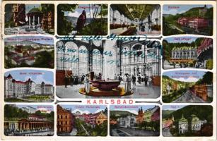 1926 Karlovy Vary, Karlsbad; Kurhaus, Mühibrunn-kolonnade, Sprudel, Schlossbrunnen / multi-view postcard (EB)