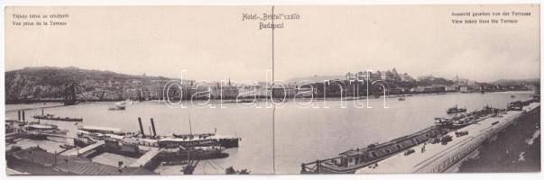 1907 Budapest, Dunai panoráma tájképe látva az erkélyről, Citadella, királyi vár, rakpart, kikötő, hajók, uszályok. 2-részes kinyitható panorámalap / 2-tiled folding panoramacard (EB)