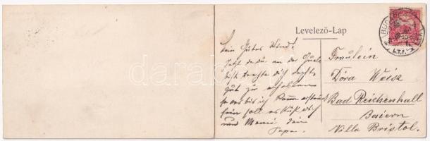 1907 Budapest, Dunai panoráma tájképe látva az erkélyről, Citadella, királyi vár, rakpart, kikötő, h...