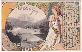 1903 Gyergyószentmiklós, Gheorgheni; Gyilkos-tó. Szecessziós virágos litho keret / Lacul Rosu (Ghilcos) / lake. Art Nouveau, floral, litho frame with lady (EK)