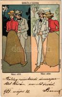 1903 Faragó Géza Erkölcseink képeslap sorozat 7. Nász előtt és nász után. Posner / Hungarian art postcard. litho s: Faragó