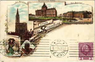 1909 Strasbourg, Strassburg; Das Münster, Kaiserliches Palais, Der Bahnhof / church, palace, railway station. Art Nouveau, floral, litho, TCV card (small tear)