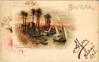 1898 (Vorläufer) Cairo, Caire; Dhahabiyes au bord du Nil / dahabeah boats on Nile river. Art Nouveau, floral, litho (Rb)