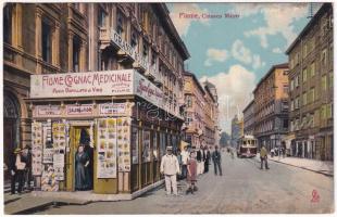 1912 Fiume, Rijeka; Chiosco Mayer, Salon di Fiori, Grand Hotel Europe, Fiume Cognac Medicinale / Mayer kioszk üzlete, villamos / kiosk shop, tram (EK)