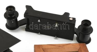 Vegyes fotóeszköz tétel, bontatlan üvegnegatív, Leitz Wetzlar szárító, Voigtlander tárolók, dianéző