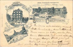 1900 Berlin, Charlottenburg, Königl. Technische Hochschule. Königl. Schloss, Hippodrom Hotel u. Restaurant H. Bachmann / school, castle, hotel and restaurant. Art Nouveau, floral (Rb)