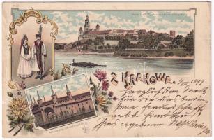 1899 (Vorläufer) Kraków, Krakkó, Krakau; Widok Zamku Krakowskiego od strony Wisly, Rotunda przy bramie Floryanskiej / castle, Polish folklore. Art Nouveau, floral, litho (Rb)