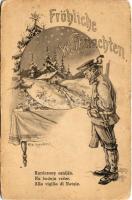 Fröhliche Weihnachten! K.u.K. Kriegsmarine Matrose / Alla vigilia di Natale / Karácsony estéjén / WWI Austro-Hungarian Navy mariner humour art postcard, Christmas greeting. C.F.P. 1917/18. N. 89a.. s: Ed. Dworak (kopott sarkak / worn corners)