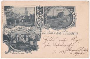 1900 Turnu Severin, Szörényvár; Gradina Publica, Piata de Zarzavat, Terminarea Vaporului Principele Carol. Libraria S. Bancov / park, vegetable market, steamship at the port. Art Nouveau, floral (EK)