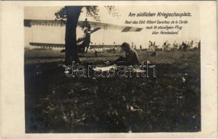 Am südlichen Kriegsschauplatz. Rast des Oblt. Albert Sanchez de la Cerda nach 3,5 stündigen Flug über Feindesland / WWI Austro-Hungarian K.u.K. military aircraft, pilot resting after 3,5 hours of flying over enemy territory. Postkartenverlag Brüder Kohn Wien I. (EK)