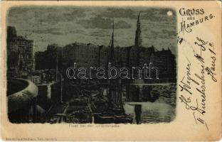 1899 Hamburg, Fleet bei der Lollenbrücke / port at night