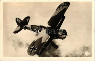 1940 Unsere Luftwaffe. Sturz-Kampfeinsitzer Henschel Hs 123 im Fluge / WWII Nazi German military aircraft, swastika (EK)