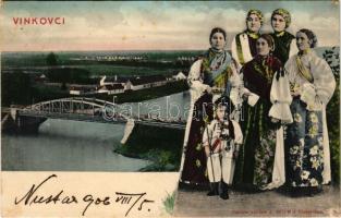 1906 Vinkovce, Vinkovci; híd. Népviseletes montázslap / bridge. Folklore montage (fl)