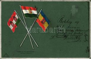 1901 Austro-Hungarian K.u.K. military art postcard, patriotic propaganda with flags. Emb. litho (EK)