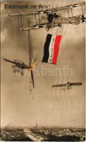 1915 Fliegerkämpfe über Paris. Wir kommen wieder! / WWI German military art postcard, aircrafts battle over Paris (EB)