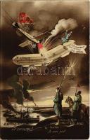 Triple-Entente, Zeppelin / WWI military art postcard, German mocking propaganda with airship