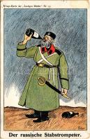 1914 Der russische Stabstrompeter. Kiregs-Karte der "Lustigen-Blätter" Nr. 13. / WWI German military art postcard, alcoholic Russian staff trumpeter (EK)