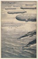 Nach England! / WWI German military art postcard, airships and battleships (EK)