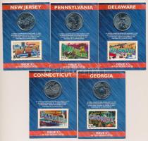 Amerikai Egyesült Államok 1999. 1/4$ Cu-Ni 50 állam (5xklf) bélyeges karton díszlapon T:UNC  USA 1999. 1/4 Dollar Cu-Ni 50 States (5xdiff) on cardboard display sheet with stamp C:UNC