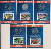 Amerikai Egyesült Államok 2001. 1/4$ Cu-Ni 50 állam (5xklf) bélyeges karton díszlapon T:UNC  USA 2001. 1/4 Dollar Cu-Ni 50 States (5xdiff) on cardboard display sheet with stamp C:UNC