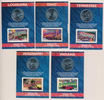 Amerikai Egyesült Államok 2002. 1/4$ Cu-Ni 50 állam (5xklf) bélyeges karton díszlapon T:UNC  USA 2002. 1/4 Dollar Cu-Ni 50 States (5xdiff) on cardboard display sheet with stamp C:UNC