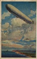 1915 Reichsmarineluftschiff. Wacht an deutscher Ostseeküste. Deutscher Luftflotten-Verein / WWI German military art postcard, German airship, naval aircraft s: Hans Rudolf Schulze (fl)