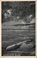 Angriff auf Antwerpen. Deutscher Luftflotten-Verein / WWI German military art postcard, attack of Antwerp, airship