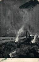 Nocní útok Zeppelinú na Antverpy / WWI German military art postcard, night attack of Antwerp, airship (EB)