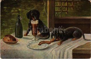 1914 Dachshund dogs with beer, bread and sausage. Serie 566. (6 Dess.) s: Aug. Müller (kopott sarkak / worn corners)