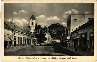 1943 Huszt, Chust, Khust; Rákóczi utca, várrom, üzletek / street view, castle ruins, shops (fa)