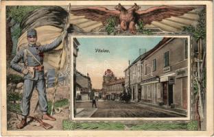 Bad Vöslau, street view, shops. Art Nouveau frame with K.u.K. military art, soldier s: Kränzle (Rb)