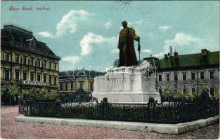 1909 Nagybecskerek, Zrenjanin, Veliki Beckerek; Kiss Ernő aradi vértanú szobra (1919-ben felrobbantották), üzletek. Photogr. Oldal / monument, statue (demolished in 1919), shops (EK)