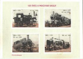 125 éves a magyar vasút emlékére kiadott 3db lap, fogazott bélyeg képekkel