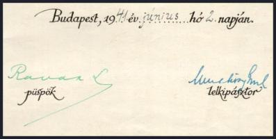 1941 Ravasz László református püspök aláírása Kálvin téri templom oklevelén