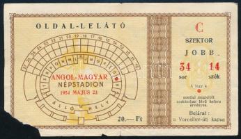 1954 Jegy a Népstadionba az Aranycsapat 7:1 re végződőtt magyar-angol focimeccsére, a 6:3 visszavágójára / 1954 Ticket for the England vs Hungary match in Budapest. The return match of the 6:3.