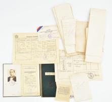 cca 1920-1940 Vegyes okmányok: születési anyakönyvi kivonatok közigazgatási vizsga bizonyítvány, leckekönyv, stb