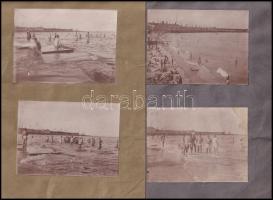 cca 1920 Vegyes fotó tétel, 10 fotó 3 kartonra ragasztva, közte 6 db fürdőzős fotóval, azonosítatlan tengerparti helyszínen, változó állapotban, közte foltos, 8x11 cm