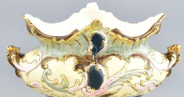 Régi fajansz jardiniere, kézzel festett, jelzett: Julius Dressler, kopásokkal, m: 27 cm, d: 38 cm