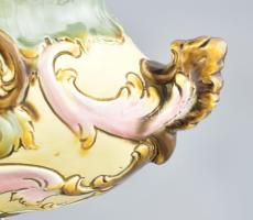 Régi fajansz jardiniere, kézzel festett, jelzett: Julius Dressler, kopásokkal, m: 27 cm, d: 38 cm