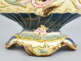 Régi fajansz jardiniere, kézzel festett, jelzett: Julius Dressler, kopásokkal, m: 27 cm, d: 38 cm