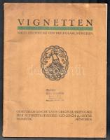 cca 1910-1920 Vignetten nach Zeichnung von Frz. P. Glass, München. Schriftgiesserei Genzsch & Heyse Hamburg-München. Nyomódúc-mintakatalógus, fekete-fehér és színes illusztrációkkal, német nyelven. Kiadói papírkötés, kissé foltos, sérült állapotban.