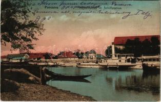 Pancsova, Pancevo; Hajóállomás, "ARAD" gőzüzemű oldalkerekes hajó. Nádor Gyula kiadása / Schiffstation / port, steamship